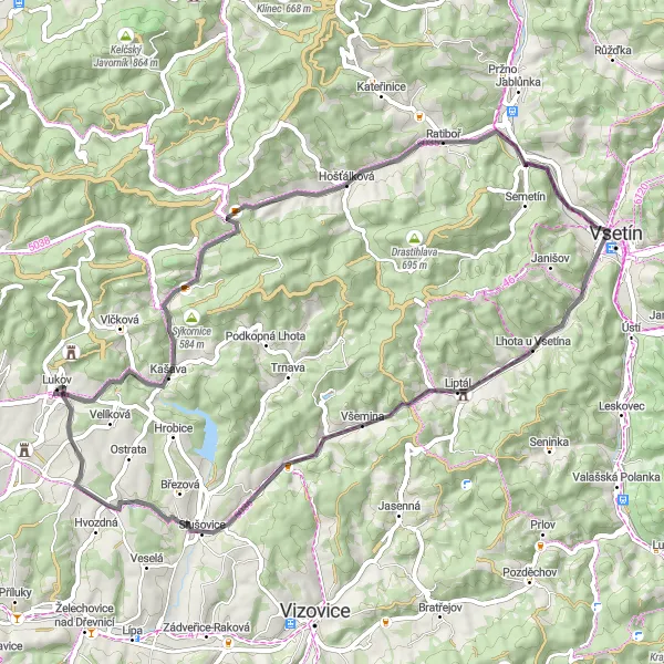 Miniaturní mapa "Cyklovýlet kolem Lukova a okolí" inspirace pro cyklisty v oblasti Střední Morava, Czech Republic. Vytvořeno pomocí plánovače tras Tarmacs.app