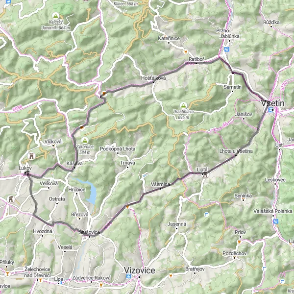 Mapa miniatúra "Cyklostezka Lukov - Slušovice" cyklistická inšpirácia v Střední Morava, Czech Republic. Vygenerované cyklistickým plánovačom trás Tarmacs.app