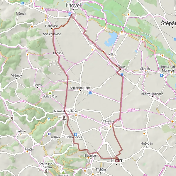 Miniaturní mapa "Gravel Drahanovice - Vojnice loop" inspirace pro cyklisty v oblasti Střední Morava, Czech Republic. Vytvořeno pomocí plánovače tras Tarmacs.app