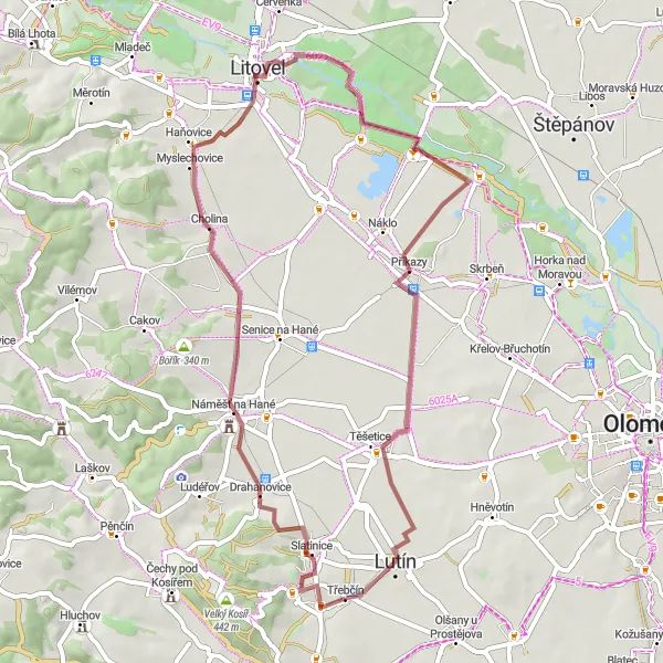 Miniaturní mapa "Cyklistická trasa kolem Lutína - Gravel" inspirace pro cyklisty v oblasti Střední Morava, Czech Republic. Vytvořeno pomocí plánovače tras Tarmacs.app