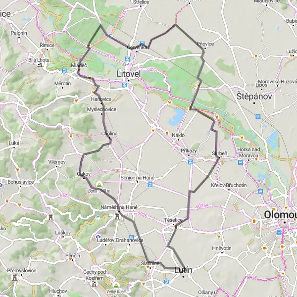 Miniaturní mapa "Road cyklotrasa kolem Lutína a okolí" inspirace pro cyklisty v oblasti Střední Morava, Czech Republic. Vytvořeno pomocí plánovače tras Tarmacs.app