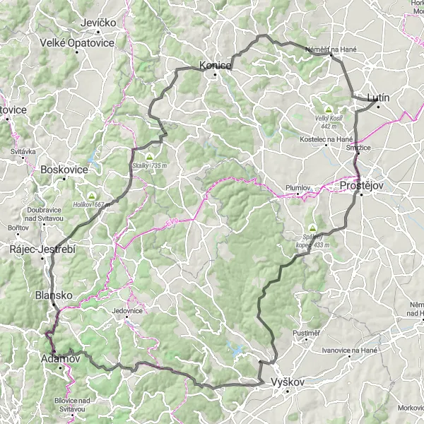 Map miniature of "Challenging Road Cycling Route" cycling inspiration in Střední Morava, Czech Republic. Generated by Tarmacs.app cycling route planner