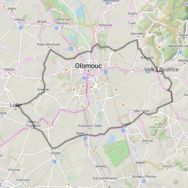 Miniaturní mapa "Cyklistická trasa kolem Lutína - Road" inspirace pro cyklisty v oblasti Střední Morava, Czech Republic. Vytvořeno pomocí plánovače tras Tarmacs.app