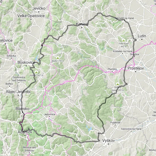 Map miniature of "Challenging Road Cycling Tour" cycling inspiration in Střední Morava, Czech Republic. Generated by Tarmacs.app cycling route planner