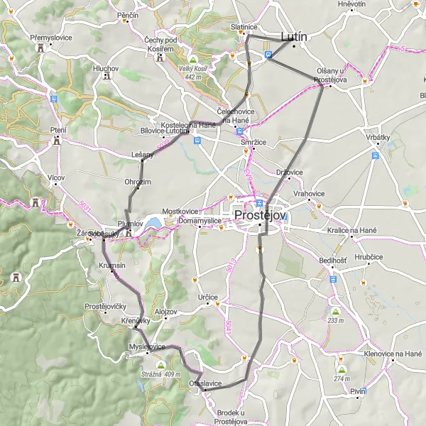 Map miniature of "Scenic Road Journey near Lutín" cycling inspiration in Střední Morava, Czech Republic. Generated by Tarmacs.app cycling route planner