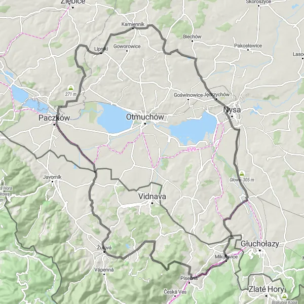 Miniaturní mapa "Výzva kolem Mikulovic" inspirace pro cyklisty v oblasti Střední Morava, Czech Republic. Vytvořeno pomocí plánovače tras Tarmacs.app