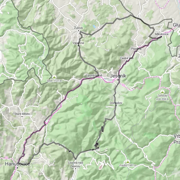 Miniaturní mapa "Náročná cyklotrasa kolem Mikulovic" inspirace pro cyklisty v oblasti Střední Morava, Czech Republic. Vytvořeno pomocí plánovače tras Tarmacs.app