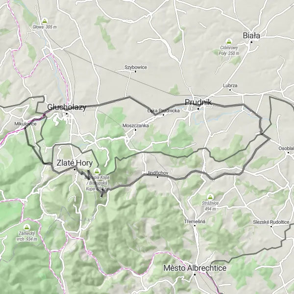 Miniaturní mapa "Trasa kolem Mikulovic" inspirace pro cyklisty v oblasti Střední Morava, Czech Republic. Vytvořeno pomocí plánovače tras Tarmacs.app