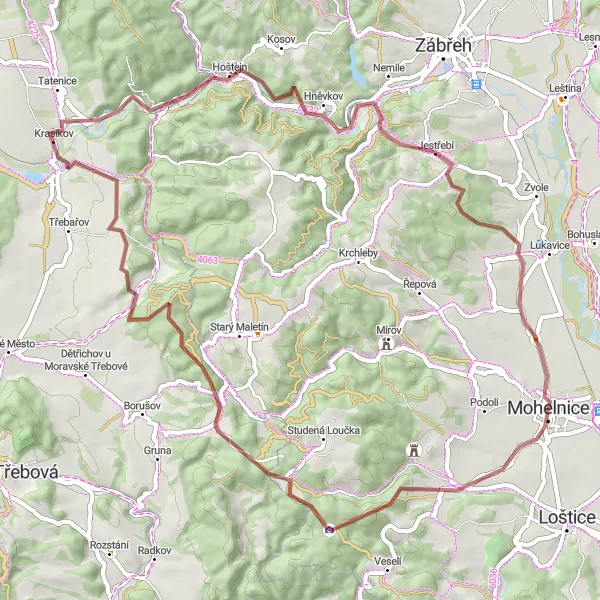 Mapa miniatúra "Gravel okolo Mohelnice" cyklistická inšpirácia v Střední Morava, Czech Republic. Vygenerované cyklistickým plánovačom trás Tarmacs.app