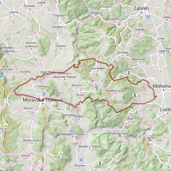 Miniaturní mapa "Krajina mezi Studenou Loučkou a Jahodnicí" inspirace pro cyklisty v oblasti Střední Morava, Czech Republic. Vytvořeno pomocí plánovače tras Tarmacs.app