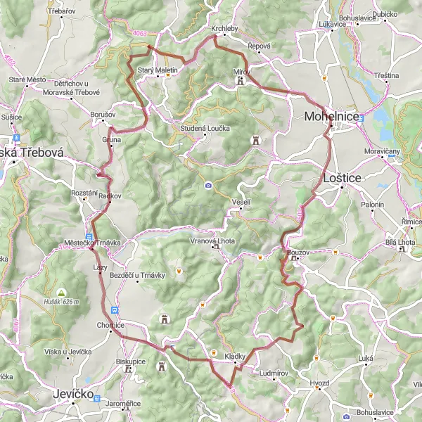 Mapa miniatúra "Náročná gravelová trasa kolem Mohelnice" cyklistická inšpirácia v Střední Morava, Czech Republic. Vygenerované cyklistickým plánovačom trás Tarmacs.app