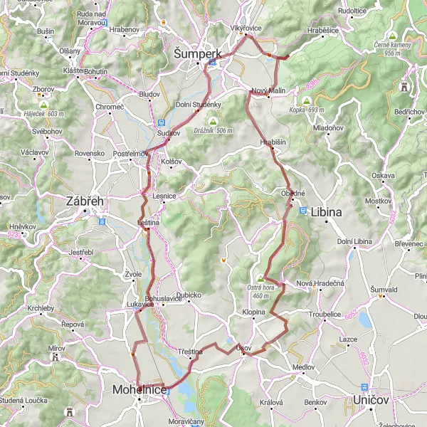 Miniaturní mapa "Gravelový okruh kolem Libivé a Mohelnice" inspirace pro cyklisty v oblasti Střední Morava, Czech Republic. Vytvořeno pomocí plánovače tras Tarmacs.app