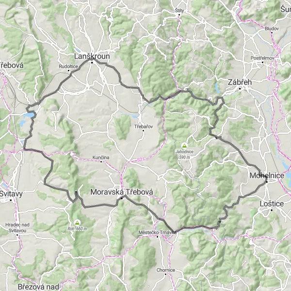 Miniaturní mapa "Výlet po Koclířovském sedle a do Třebovic" inspirace pro cyklisty v oblasti Střední Morava, Czech Republic. Vytvořeno pomocí plánovače tras Tarmacs.app