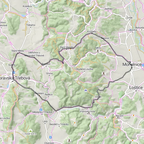 Map miniature of "Short Distance Loop" cycling inspiration in Střední Morava, Czech Republic. Generated by Tarmacs.app cycling route planner