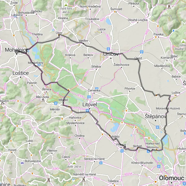 Miniaturní mapa "Okruh kolem Mohelnice a Úsova" inspirace pro cyklisty v oblasti Střední Morava, Czech Republic. Vytvořeno pomocí plánovače tras Tarmacs.app