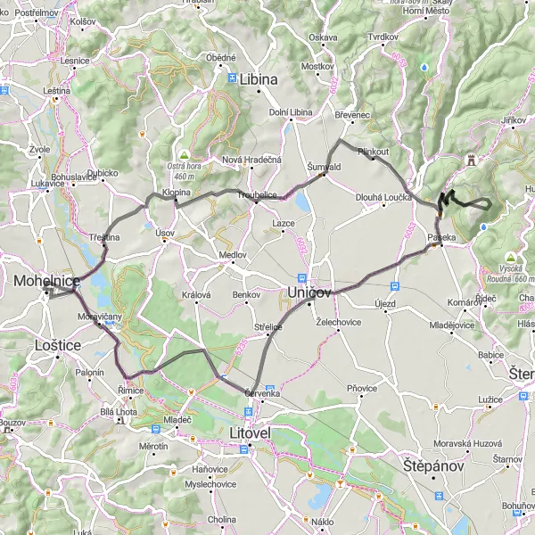 Miniaturní mapa "Cyklistický výlet k Arboretu v Uničově" inspirace pro cyklisty v oblasti Střední Morava, Czech Republic. Vytvořeno pomocí plánovače tras Tarmacs.app