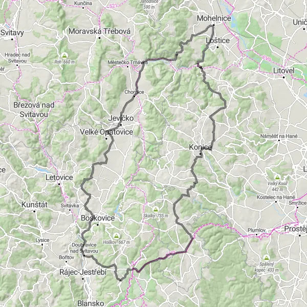 Karten-Miniaturansicht der Radinspiration "Roadbike-Tour von Mohelnice nach Mohelnice" in Střední Morava, Czech Republic. Erstellt vom Tarmacs.app-Routenplaner für Radtouren