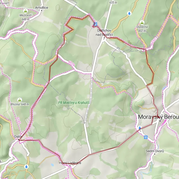 Miniaturní mapa "Gravelová cyklotrasa blízko Moravského Berouna" inspirace pro cyklisty v oblasti Střední Morava, Czech Republic. Vytvořeno pomocí plánovače tras Tarmacs.app