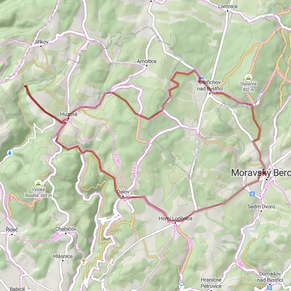 Miniaturní mapa "Gravelová adrenalinová trasa kolem Moravského Berouna" inspirace pro cyklisty v oblasti Střední Morava, Czech Republic. Vytvořeno pomocí plánovače tras Tarmacs.app