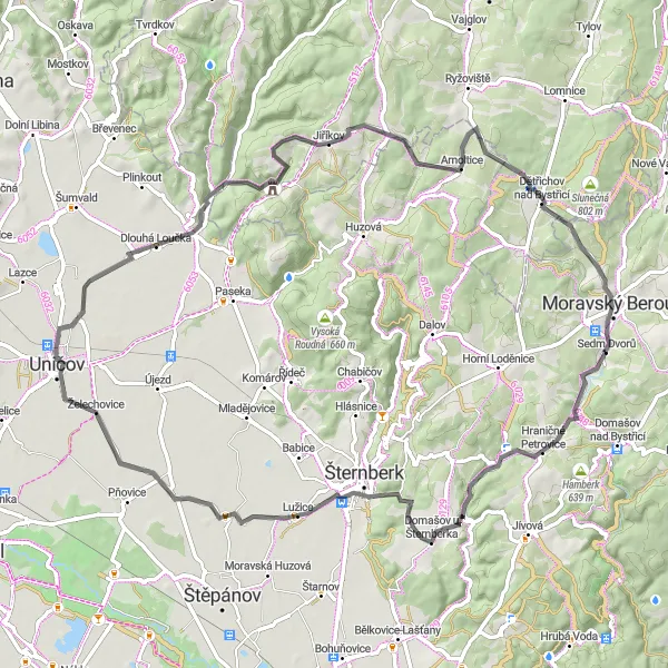 Miniaturní mapa "Podmanivé krajiny okolo Moravského Berouna" inspirace pro cyklisty v oblasti Střední Morava, Czech Republic. Vytvořeno pomocí plánovače tras Tarmacs.app
