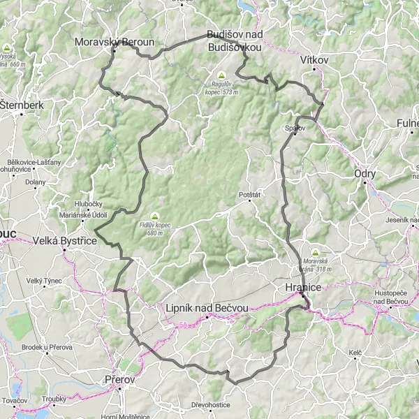 Miniaturní mapa "Významná cyklotrasa v okolí Moravského Berouna" inspirace pro cyklisty v oblasti Střední Morava, Czech Republic. Vytvořeno pomocí plánovače tras Tarmacs.app