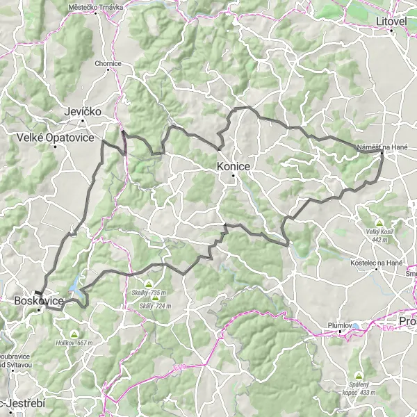 Miniaturní mapa "Jedinečná okružní cyklotrasa kolem Náměště na Hané" inspirace pro cyklisty v oblasti Střední Morava, Czech Republic. Vytvořeno pomocí plánovače tras Tarmacs.app