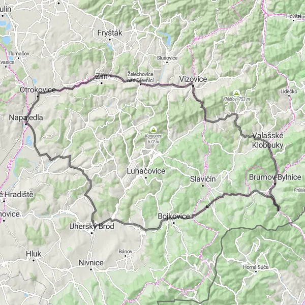 Miniaturní mapa "Vytrvalostní výzva kolem Napajedelského zámku" inspirace pro cyklisty v oblasti Střední Morava, Czech Republic. Vytvořeno pomocí plánovače tras Tarmacs.app