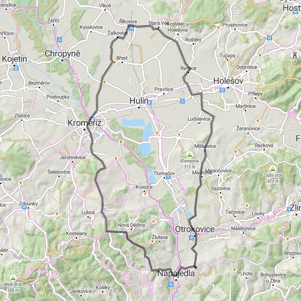 Karten-Miniaturansicht der Radinspiration "Panoramische Straßenrunde um Napajedla" in Střední Morava, Czech Republic. Erstellt vom Tarmacs.app-Routenplaner für Radtouren
