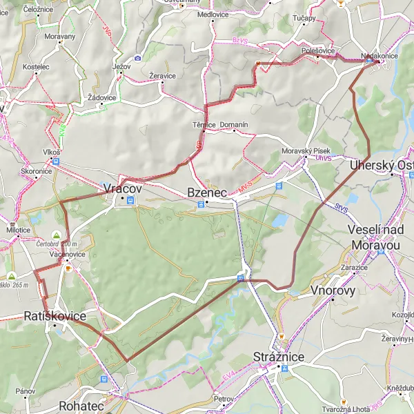 Miniaturní mapa "Gravelová trasa Čertova stěna a Floriánka" inspirace pro cyklisty v oblasti Střední Morava, Czech Republic. Vytvořeno pomocí plánovače tras Tarmacs.app