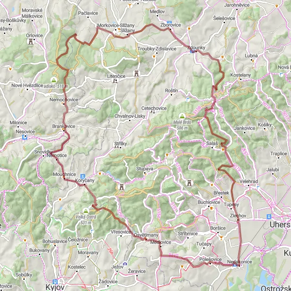 Map miniature of "Nedakonice Gravel Adventure" cycling inspiration in Střední Morava, Czech Republic. Generated by Tarmacs.app cycling route planner