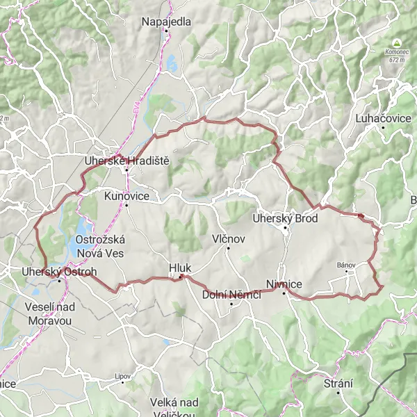 Miniaturní mapa "Gravel Route Kostelany nad Moravou" inspirace pro cyklisty v oblasti Střední Morava, Czech Republic. Vytvořeno pomocí plánovače tras Tarmacs.app