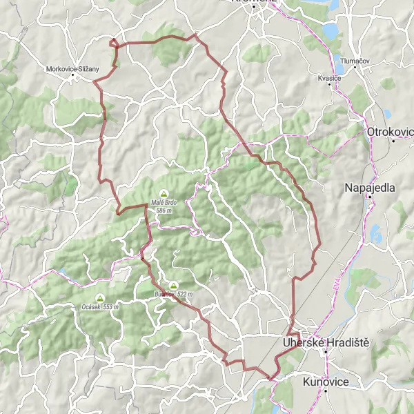 Miniaturní mapa "Kostelany nad Moravou a Staré Hutě" inspirace pro cyklisty v oblasti Střední Morava, Czech Republic. Vytvořeno pomocí plánovače tras Tarmacs.app