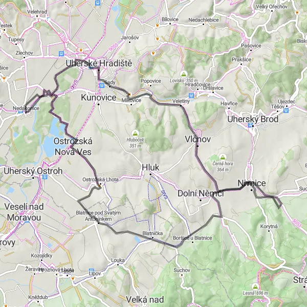 Miniaturní mapa "Road Route Nivnice" inspirace pro cyklisty v oblasti Střední Morava, Czech Republic. Vytvořeno pomocí plánovače tras Tarmacs.app