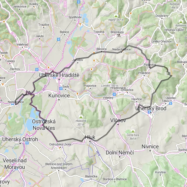 Map miniature of "Nedakonice Circuit" cycling inspiration in Střední Morava, Czech Republic. Generated by Tarmacs.app cycling route planner