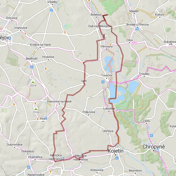 Miniaturní mapa "Gravelová cesta kolem malebných polí" inspirace pro cyklisty v oblasti Střední Morava, Czech Republic. Vytvořeno pomocí plánovače tras Tarmacs.app