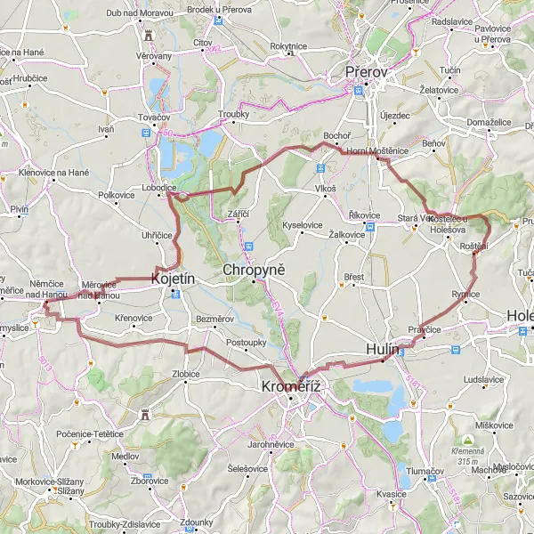 Miniaturní mapa "Gravel okruh přes Měrovice nad Hanou" inspirace pro cyklisty v oblasti Střední Morava, Czech Republic. Vytvořeno pomocí plánovače tras Tarmacs.app
