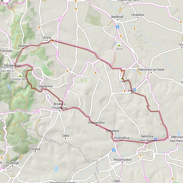 Miniaturní mapa "Gravelová expedice do přírodních rezervací" inspirace pro cyklisty v oblasti Střední Morava, Czech Republic. Vytvořeno pomocí plánovače tras Tarmacs.app