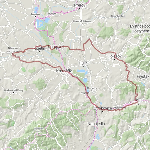 Miniaturní mapa "Gravel kolo okolo Kroměříže" inspirace pro cyklisty v oblasti Střední Morava, Czech Republic. Vytvořeno pomocí plánovače tras Tarmacs.app