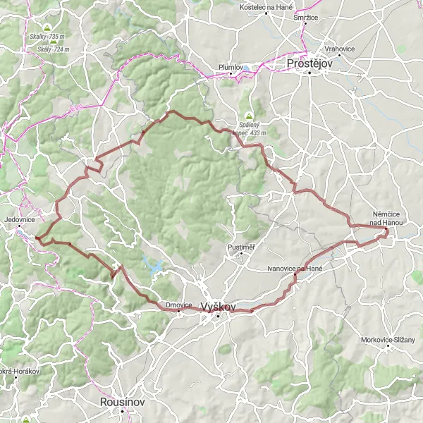 Miniaturní mapa "Gravelová výzva kolem Chocholíku a Křenůvek" inspirace pro cyklisty v oblasti Střední Morava, Czech Republic. Vytvořeno pomocí plánovače tras Tarmacs.app