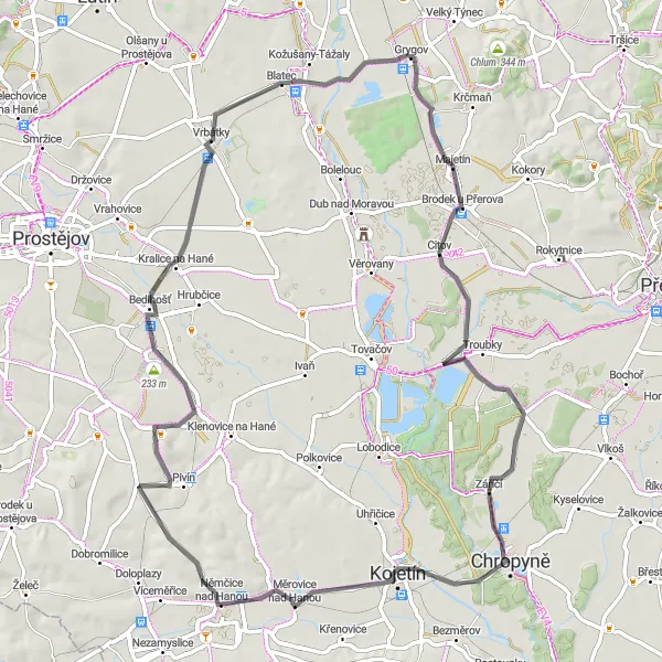 Karten-Miniaturansicht der Radinspiration "Straßentour durch Čelčice und Záříčí" in Střední Morava, Czech Republic. Erstellt vom Tarmacs.app-Routenplaner für Radtouren