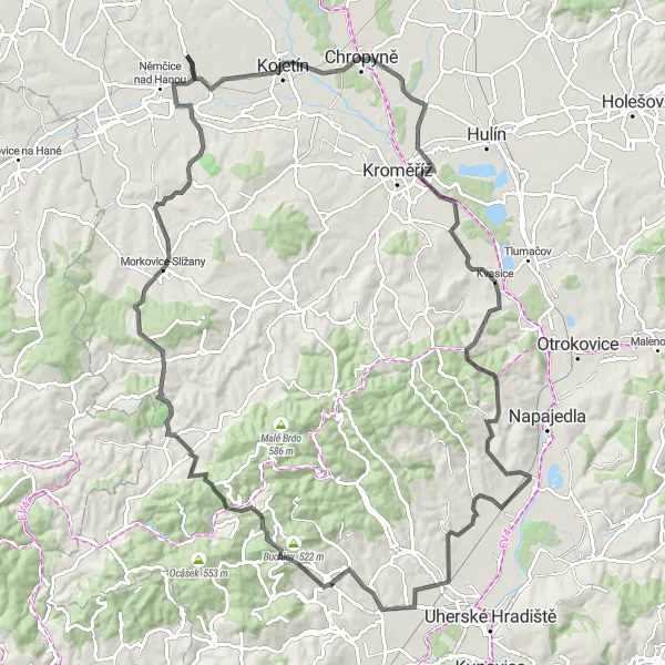 Miniaturní mapa "Cyklostezka okolo malebných vesnic" inspirace pro cyklisty v oblasti Střední Morava, Czech Republic. Vytvořeno pomocí plánovače tras Tarmacs.app