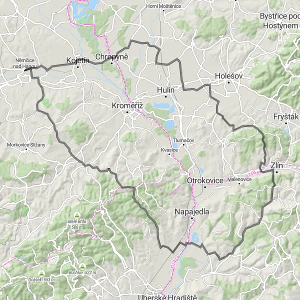 Miniaturní mapa "Panoramatický road okruh přes Kudlovice" inspirace pro cyklisty v oblasti Střední Morava, Czech Republic. Vytvořeno pomocí plánovače tras Tarmacs.app