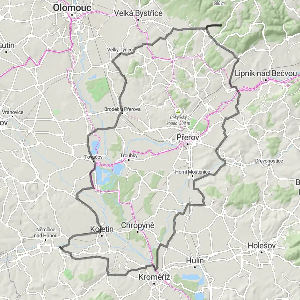 Miniatura mapy "Szlak widokowy z Němčic nad Hanou" - trasy rowerowej w Střední Morava, Czech Republic. Wygenerowane przez planer tras rowerowych Tarmacs.app