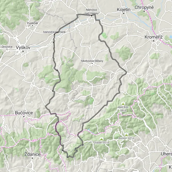 Miniaturní mapa "Okruh kolem Němčic nad Hanou" inspirace pro cyklisty v oblasti Střední Morava, Czech Republic. Vytvořeno pomocí plánovače tras Tarmacs.app
