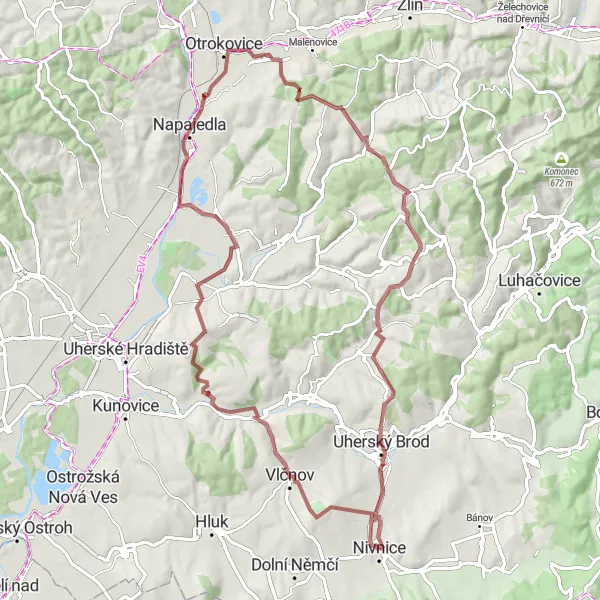 Miniaturní mapa "Jízda okolo Nivnice - Střední Morava (Gravel)" inspirace pro cyklisty v oblasti Střední Morava, Czech Republic. Vytvořeno pomocí plánovače tras Tarmacs.app