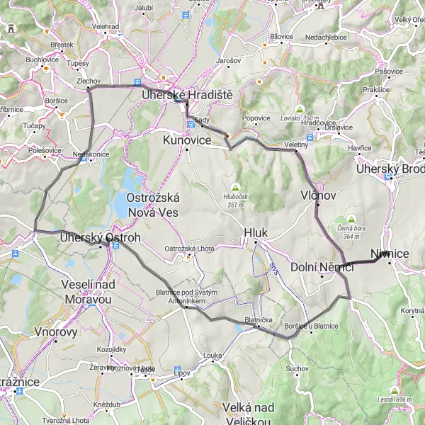 Miniaturní mapa "Okružní cyklistická trasa z Nivnice" inspirace pro cyklisty v oblasti Střední Morava, Czech Republic. Vytvořeno pomocí plánovače tras Tarmacs.app