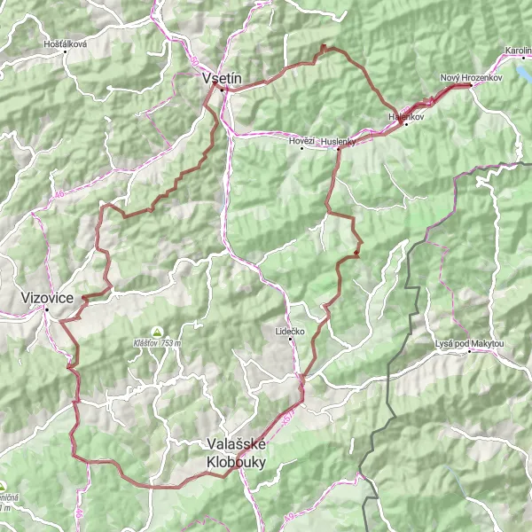Miniaturní mapa "Výlet kolem Huslenek a Vsetína" inspirace pro cyklisty v oblasti Střední Morava, Czech Republic. Vytvořeno pomocí plánovače tras Tarmacs.app