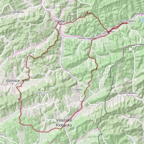 Mapa miniatúra "Gravelová expedice do Zlínského kraje" cyklistická inšpirácia v Střední Morava, Czech Republic. Vygenerované cyklistickým plánovačom trás Tarmacs.app