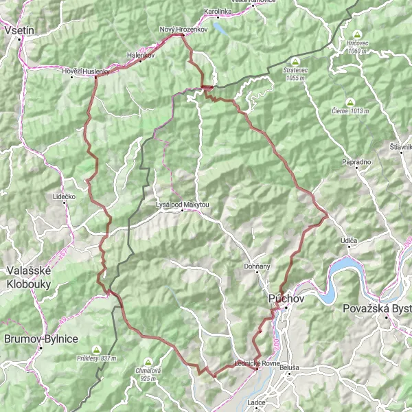 Mapa miniatúra "Gravelová cyklotrasa cez Červený Kameň a Pulčín" cyklistická inšpirácia v Střední Morava, Czech Republic. Vygenerované cyklistickým plánovačom trás Tarmacs.app