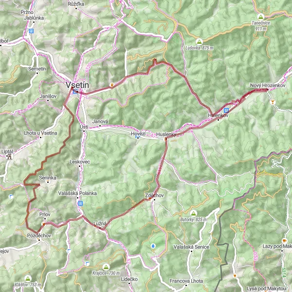 Map miniature of "Short Gravel Adventure to Vsetín" cycling inspiration in Střední Morava, Czech Republic. Generated by Tarmacs.app cycling route planner